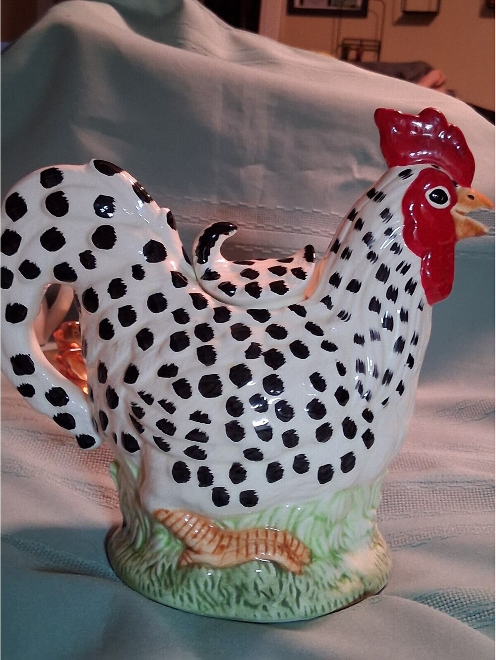 Vintage Ceramic Hen Pitcher Black and White Polka Dot Rooster